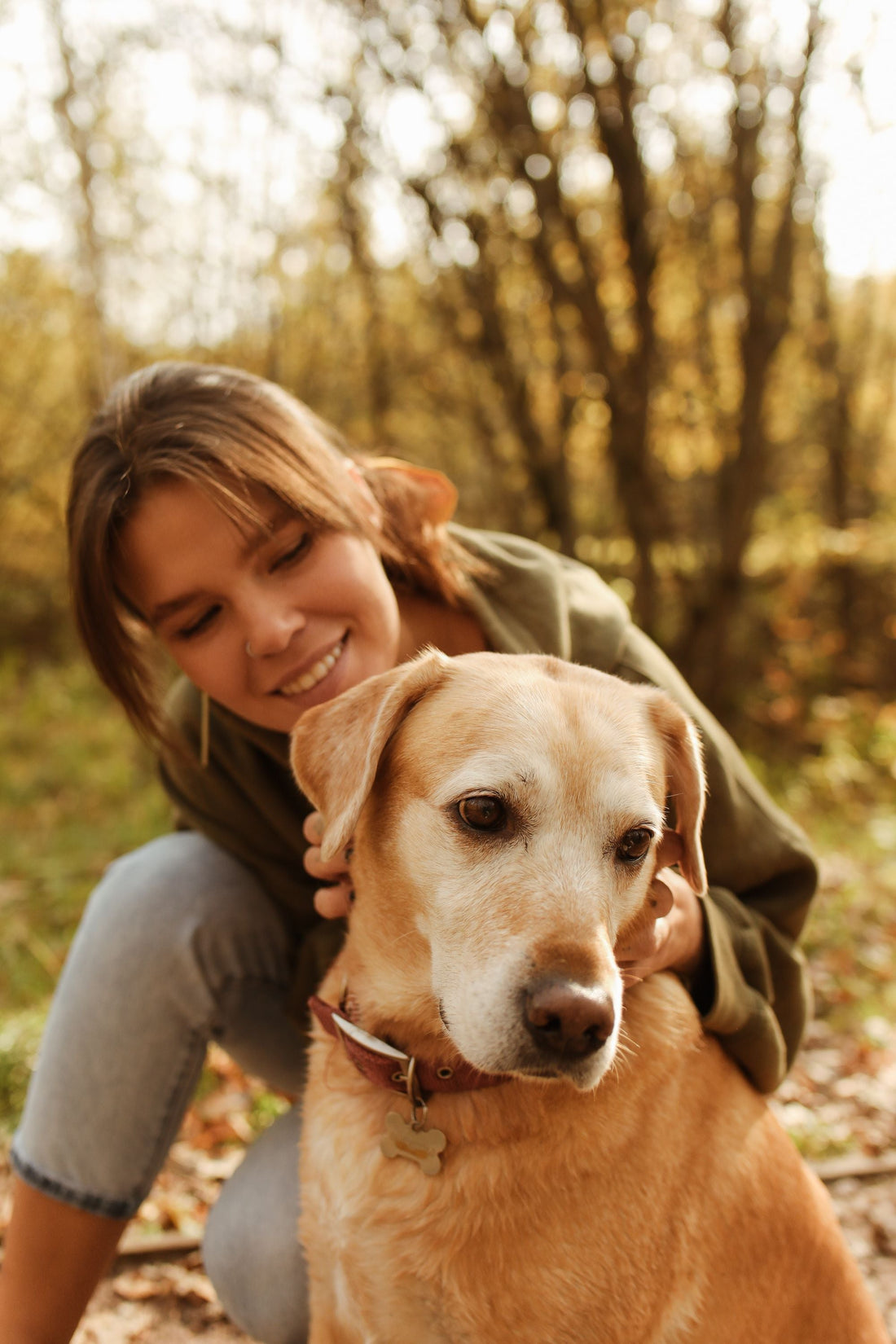 Femme observant tendrement son chien en forêt